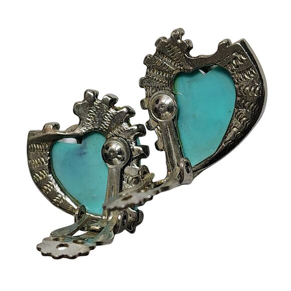 Heart Sterling Silver Faux Turquoise Clip On Earrings Handcrafted Unique Bezel - Picture 5 of 5